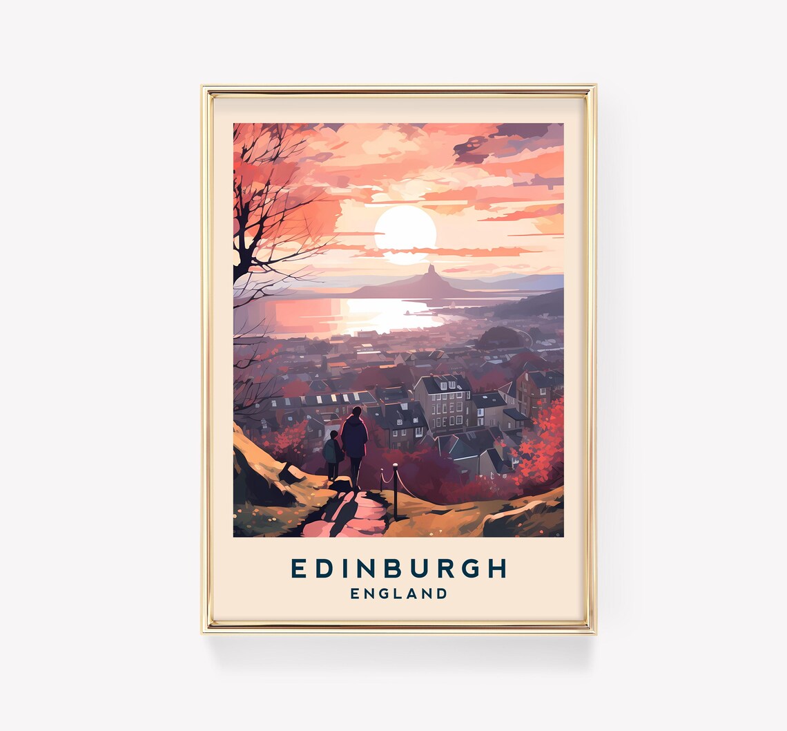 Edinburgh England Sunset Hilltop City View Vintage Travel Poster