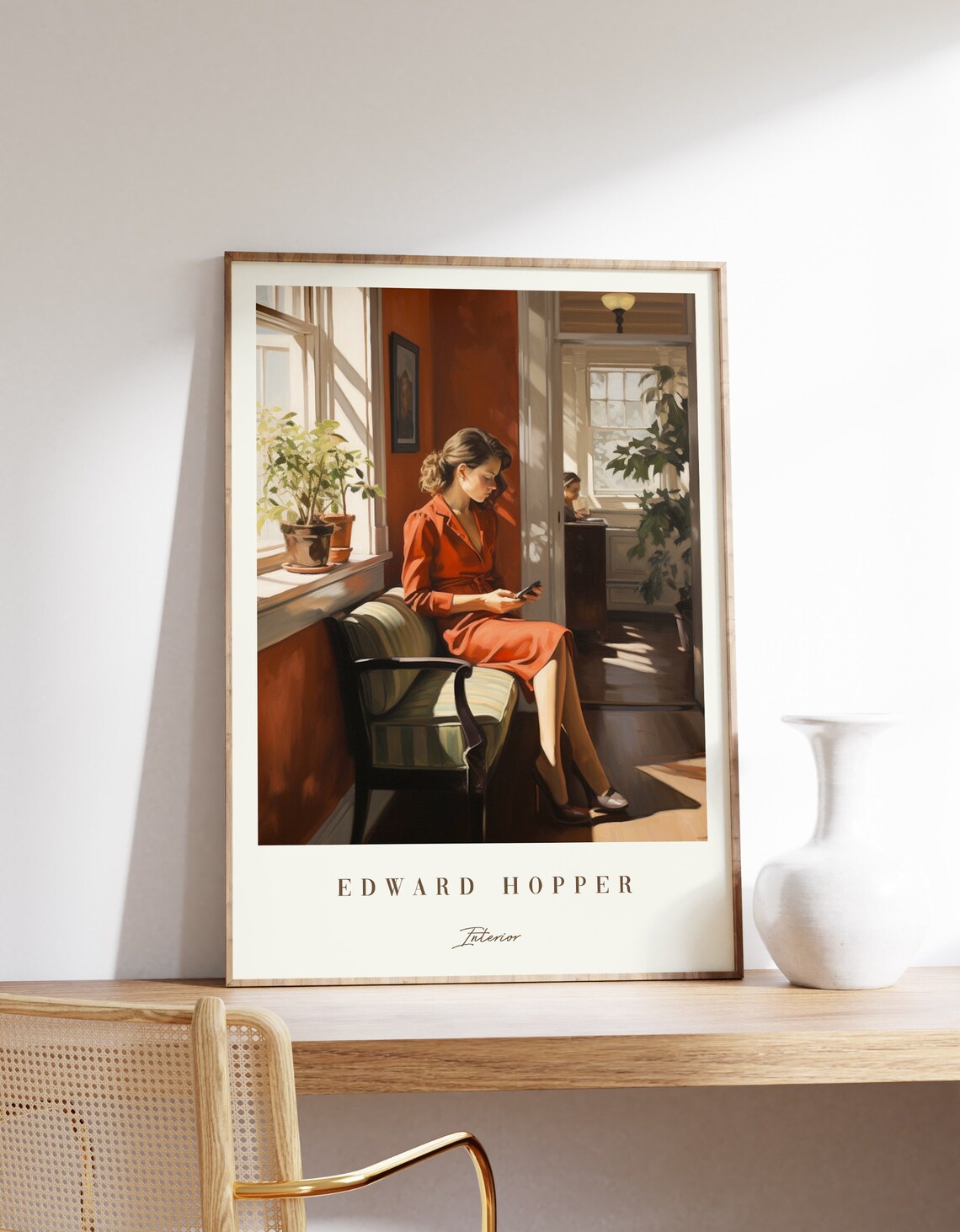 Edward Hopper Style Woman in Red Dress Reading by Sunlit Window Poster