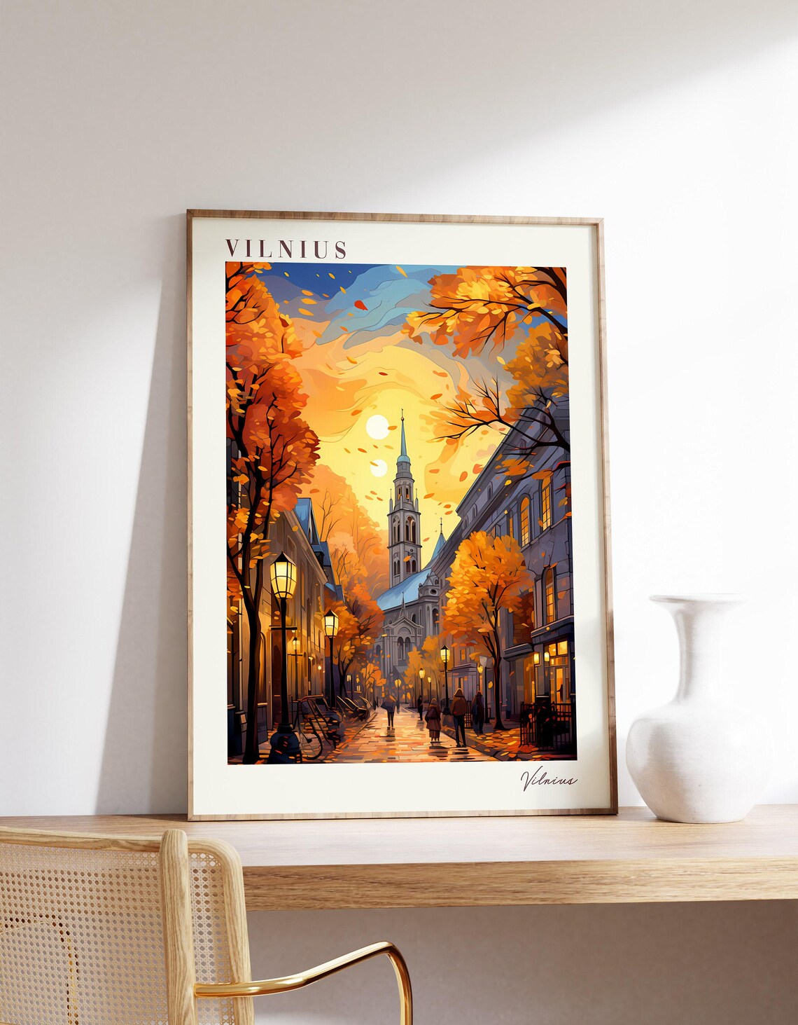 Vilnius Travel Poster Autumn Old Town Street Golden Fall Leaves Art
