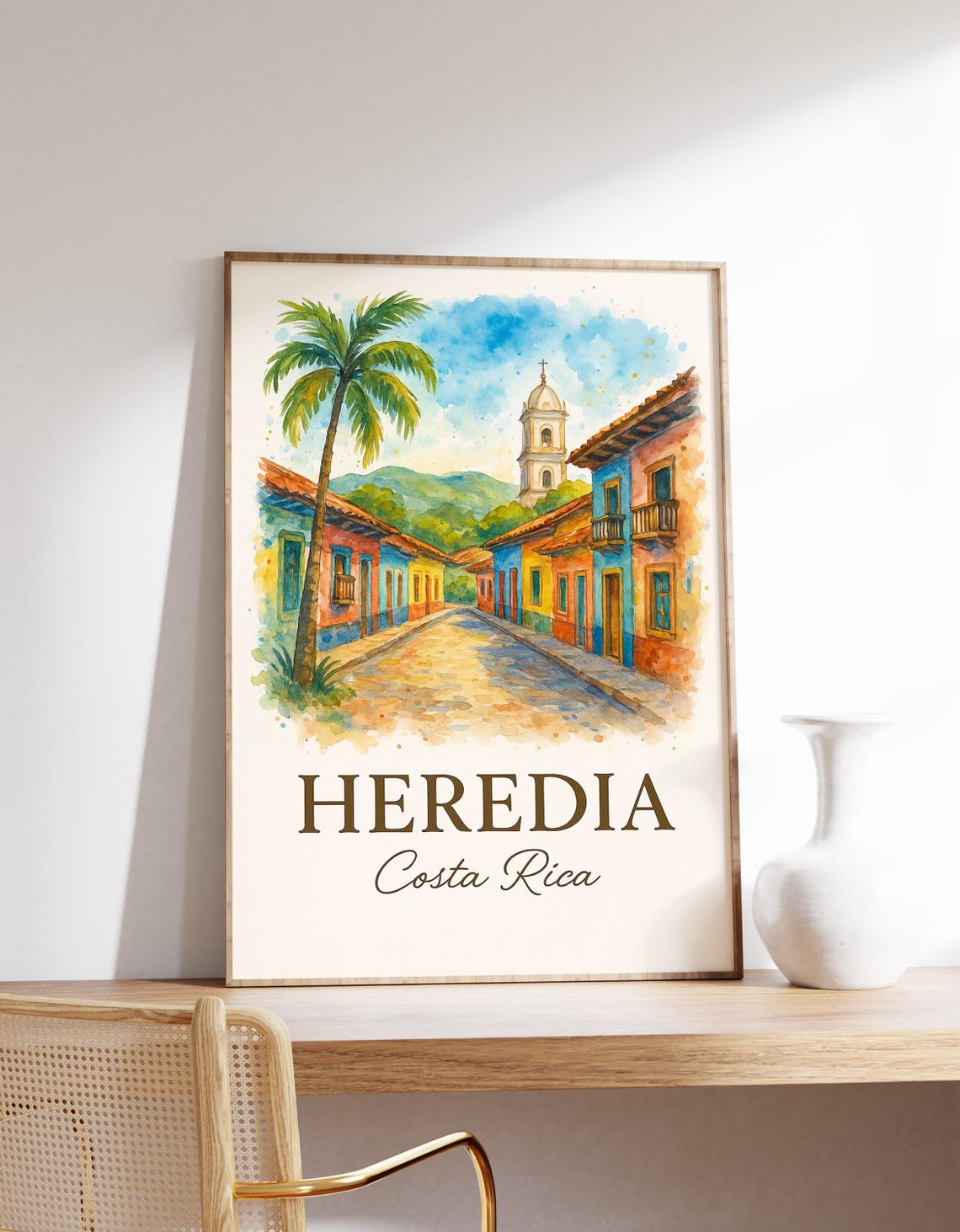 Heredia Costa Rica Tropical Colonial Street Watercolor Travel Poster