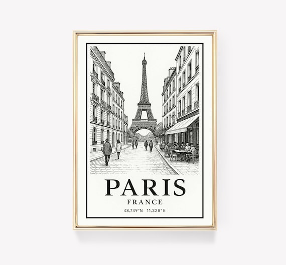Paris France Eiffel Tower Street Sketch Black and White Travel Poster