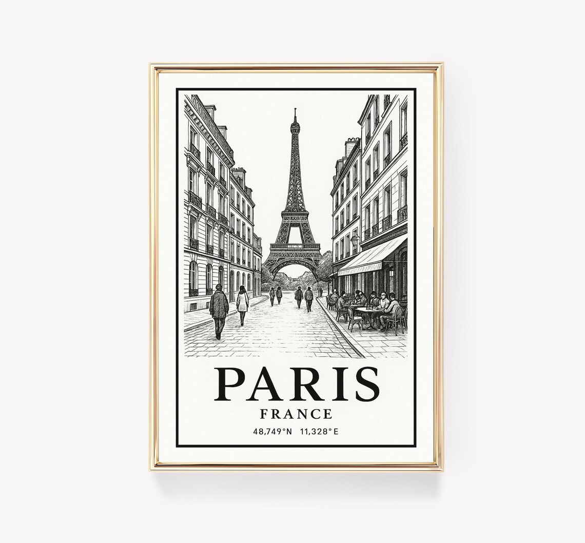 Paris France Eiffel Tower Street Sketch Black and White Travel Poster