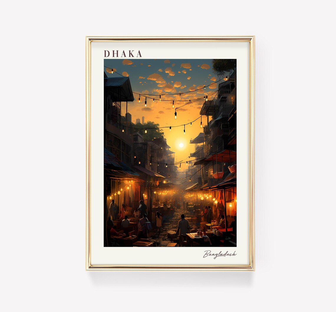 Dhaka Bangladesh Night Market Street Scene Vintage Travel Poster