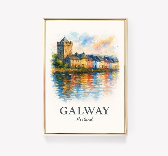 Galway Ireland Watercolor Travel Poster Castle Harbor Houses