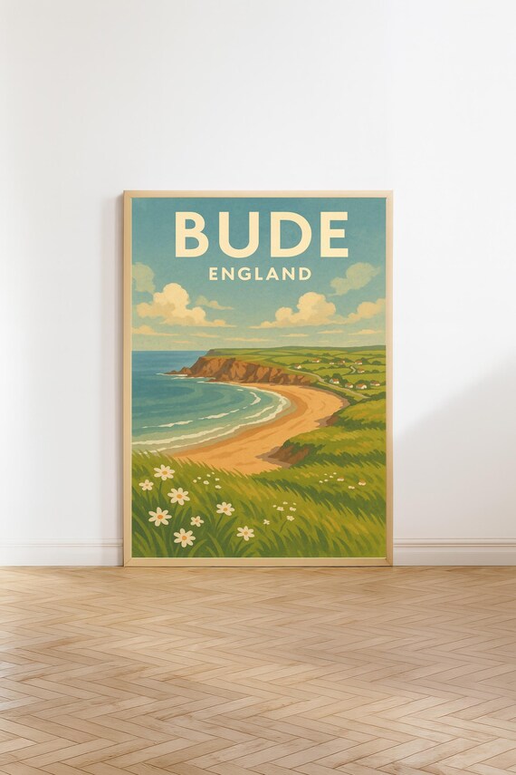 Bude England Coastal Cliffs Retro Beach Vintage Travel Poster