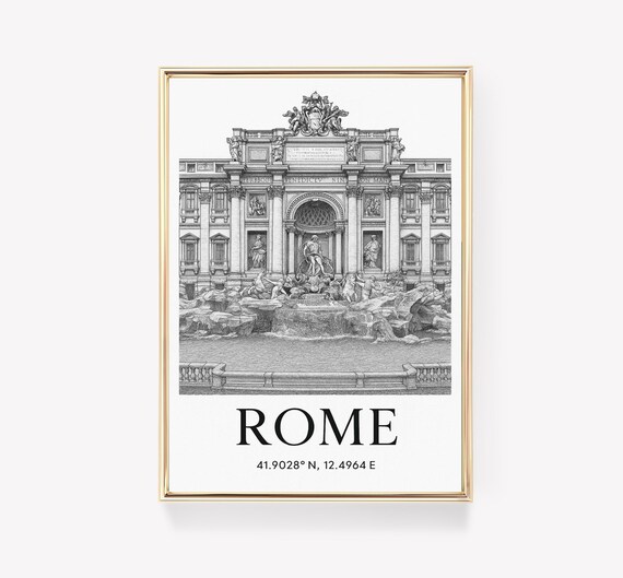 Rome Italy Trevi Fountain Detailed Line Drawing Minimalist Travel Poster