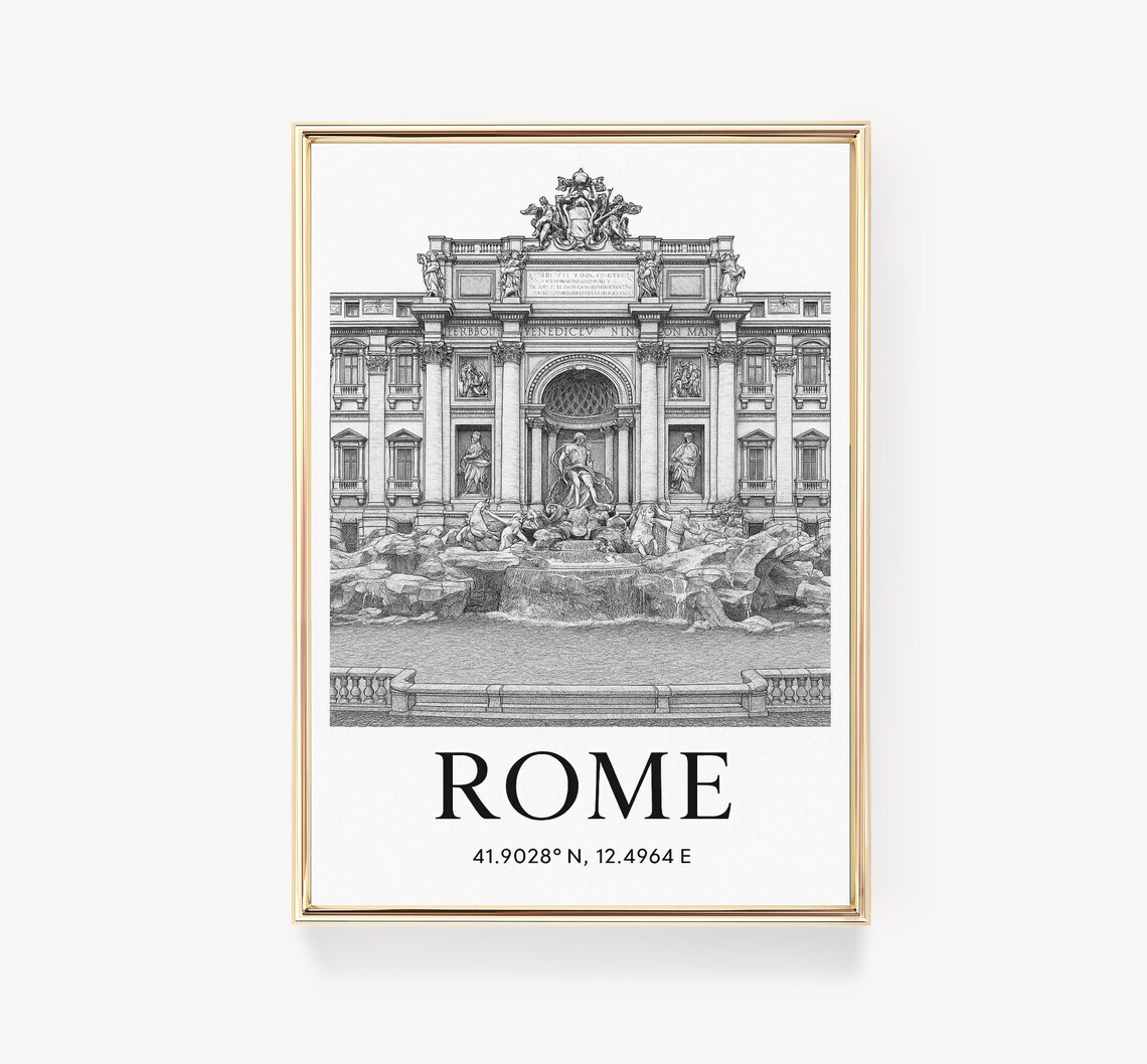 Rome Italy Trevi Fountain Detailed Line Drawing Minimalist Travel Poster