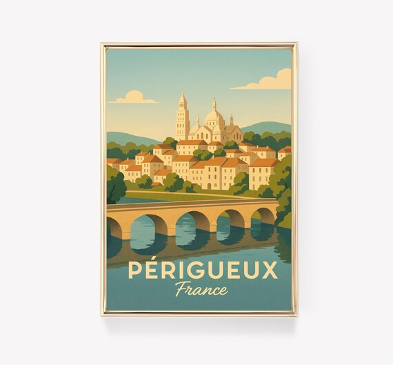 Perigueux France Saint Front Cathedral River Bridge Vintage Travel Poster