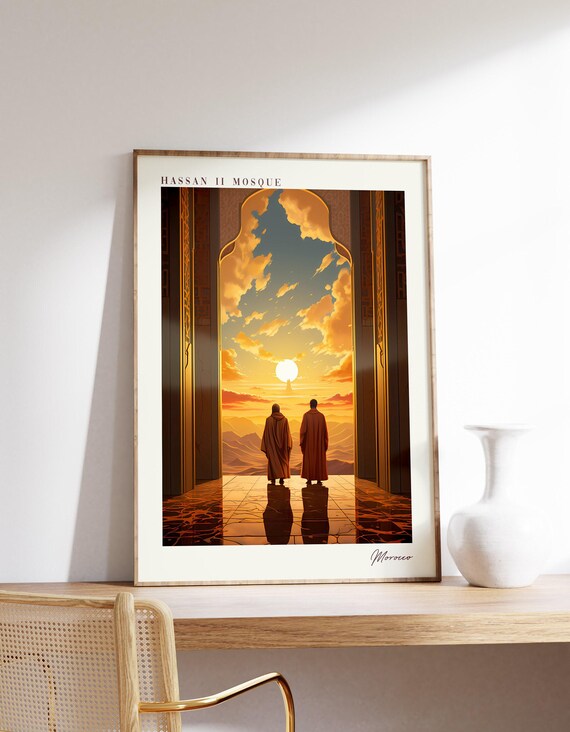 Hassan II Mosque Morocco Sunset Archway Figures Vintage Travel Poster