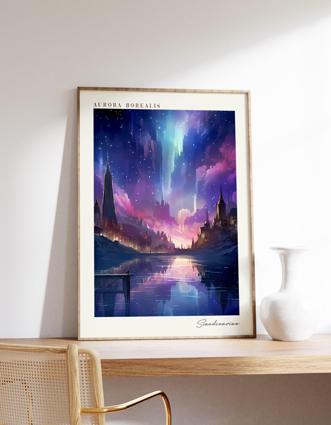 Aurora Borealis Northern Lights Scandinavian Night Skyline Art Poster