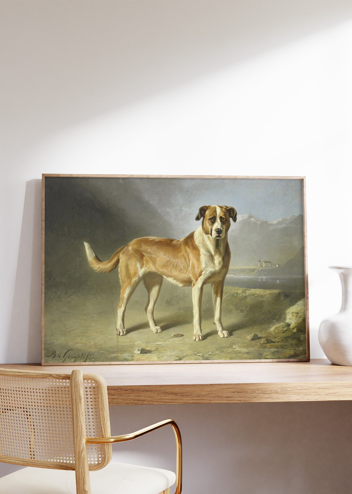 Vintage Dog Portrait Large Tan and White Dog Mountain Landscape Poster