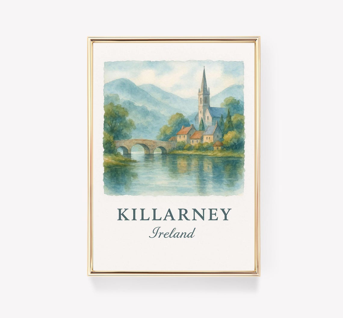 Killarney Ireland Watercolor Church Bridge Lakeside Scene Poster