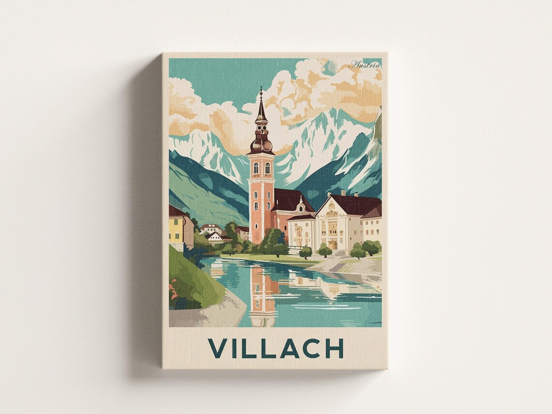 Villach Austria Alpine Church Riverside Mountains Vintage Travel Poster