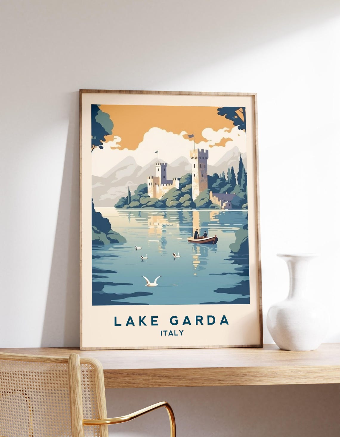 Lake Garda Italy Lakeside Castle Boat Vintage Travel Poster Art