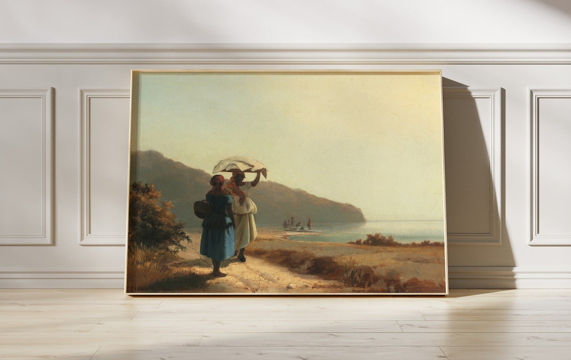 Camille Pissarro Two Women Chatting By The Sea 1856 Vintage Poster Beach Scenery Wall Art Seaside Oil Painting Landscape Print