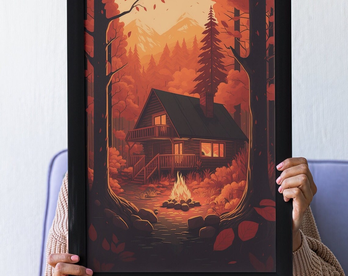 Anime Lofi Music Poster, Rustic Autumn Cabin - Image 2