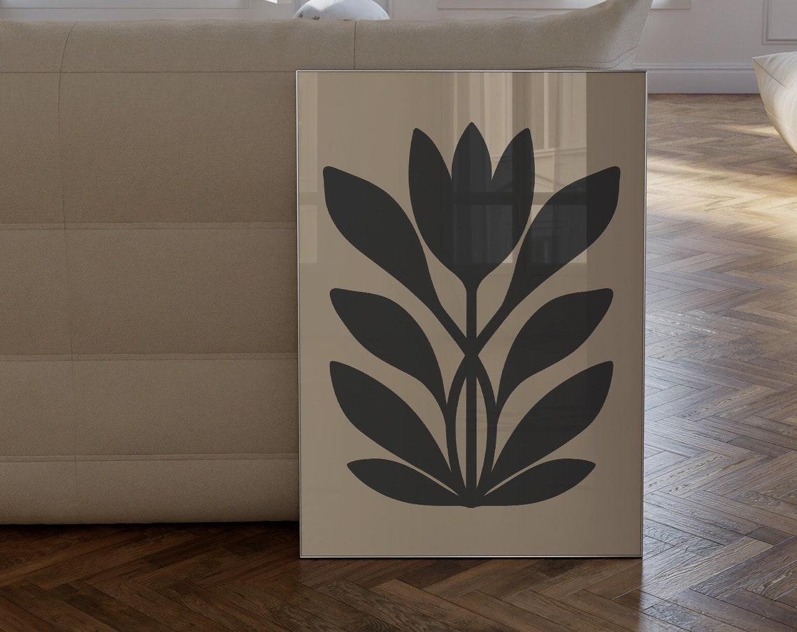 Symmetric Black Leaf Botanical Folk Motif Beige Minimal Wall Art