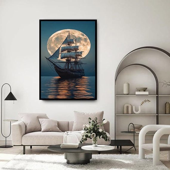 Sailing Ship Battleship Art Print, Full Moon Sunset