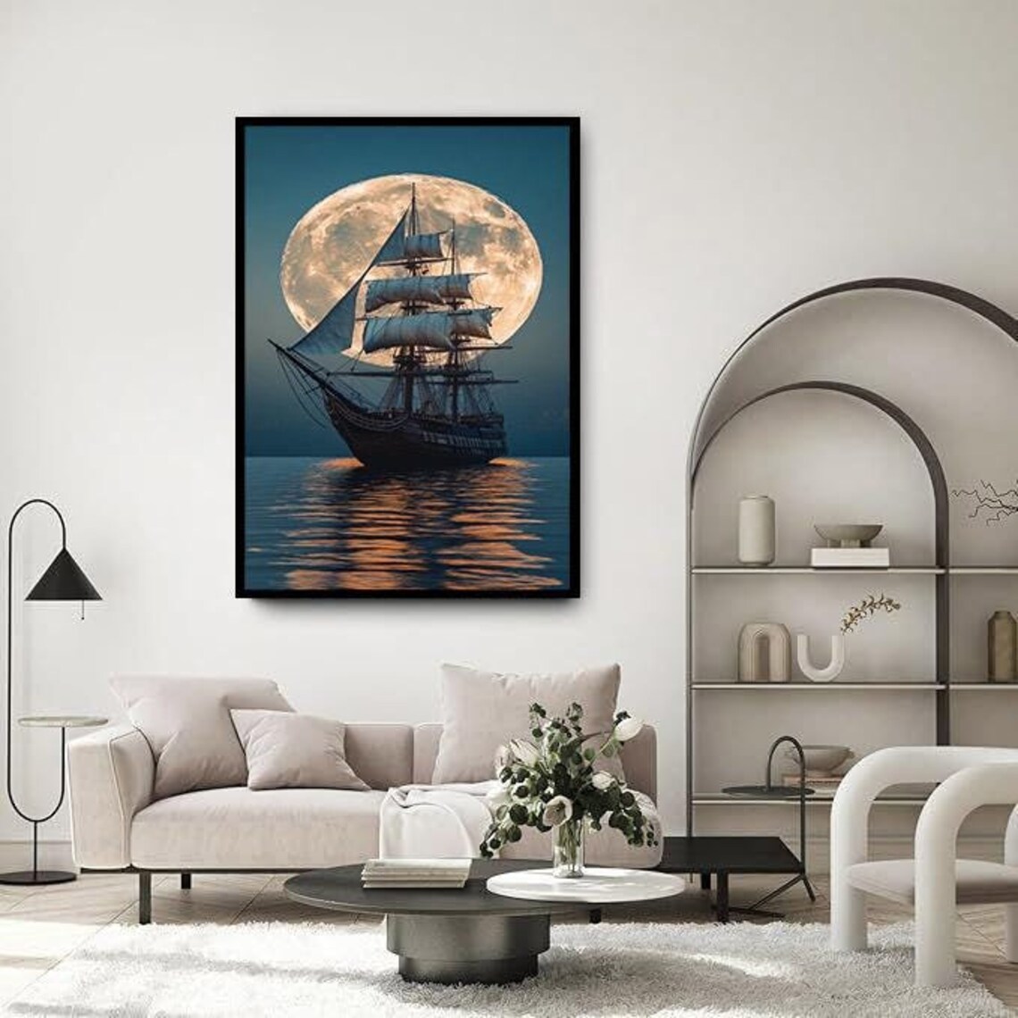 Sailing Ship Battleship Art Print, Full Moon Sunset