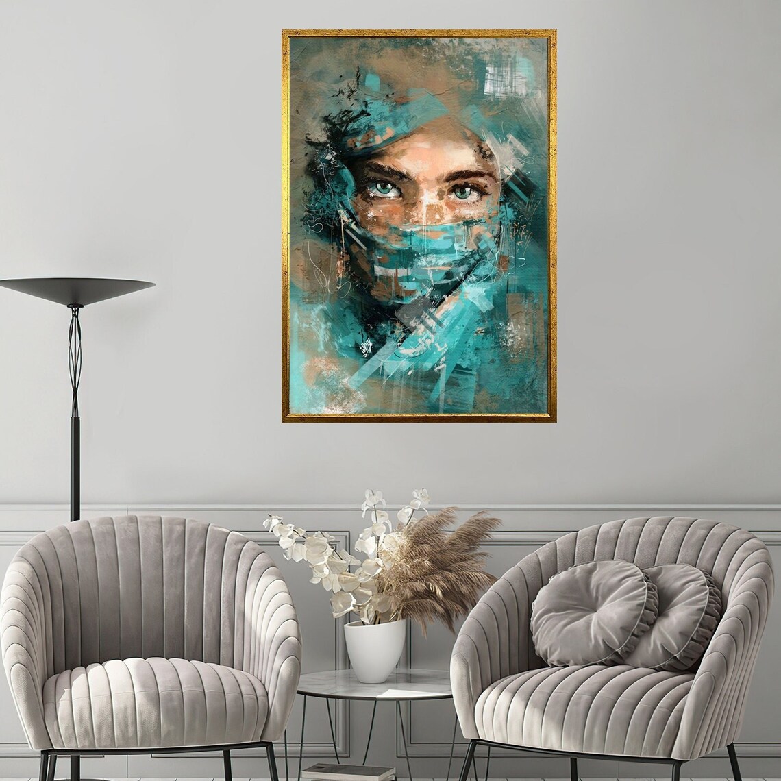 Abstract Teal Veiled Woman Portrait Green Eyes Expressive Art Poster