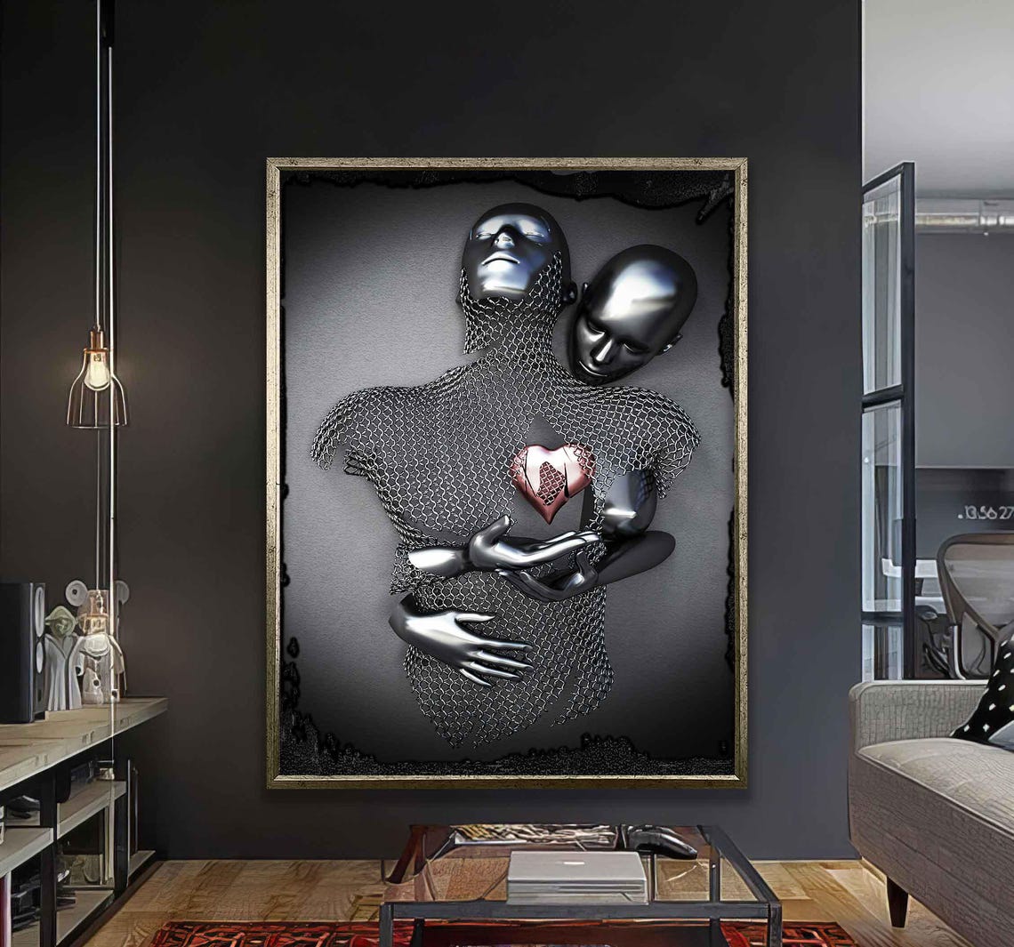 Futuristic Black Metallic Couple Holding Heart Modern Romance Poster