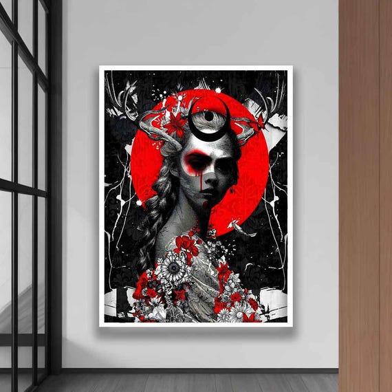 Red And Black Gothic Wall Art Surreal Moon Goddess For Living Room Bedroom Or Office Dcor