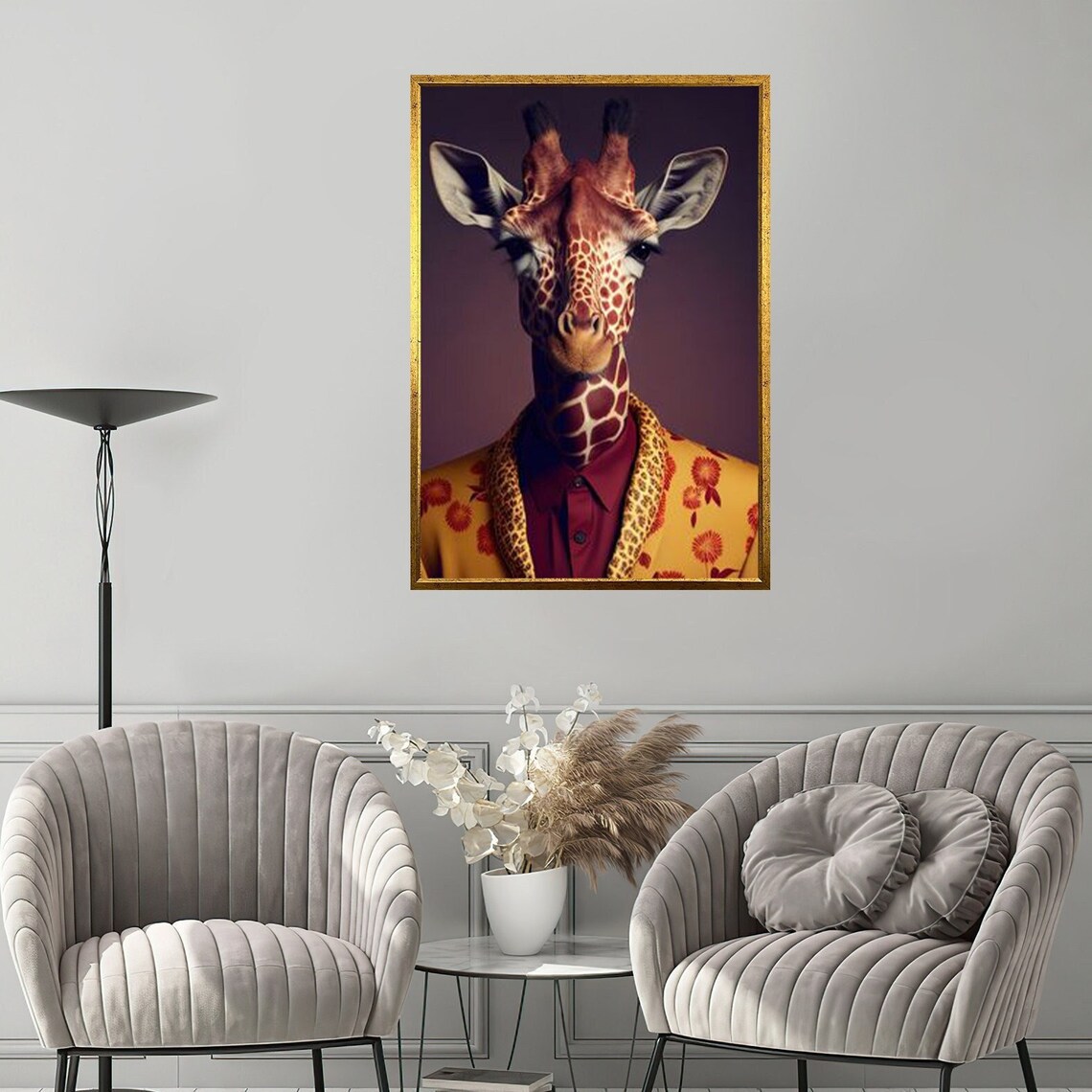 Giraffe In A Yellow Floral Suit Portrait Whimsical Animal Wall Art Poster