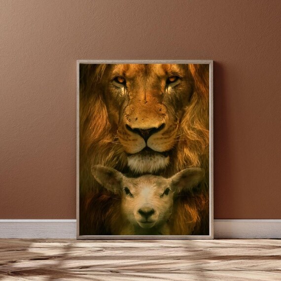 Lion And Lamb Face To Face Peaceful Wildlife Christian Wall Poster