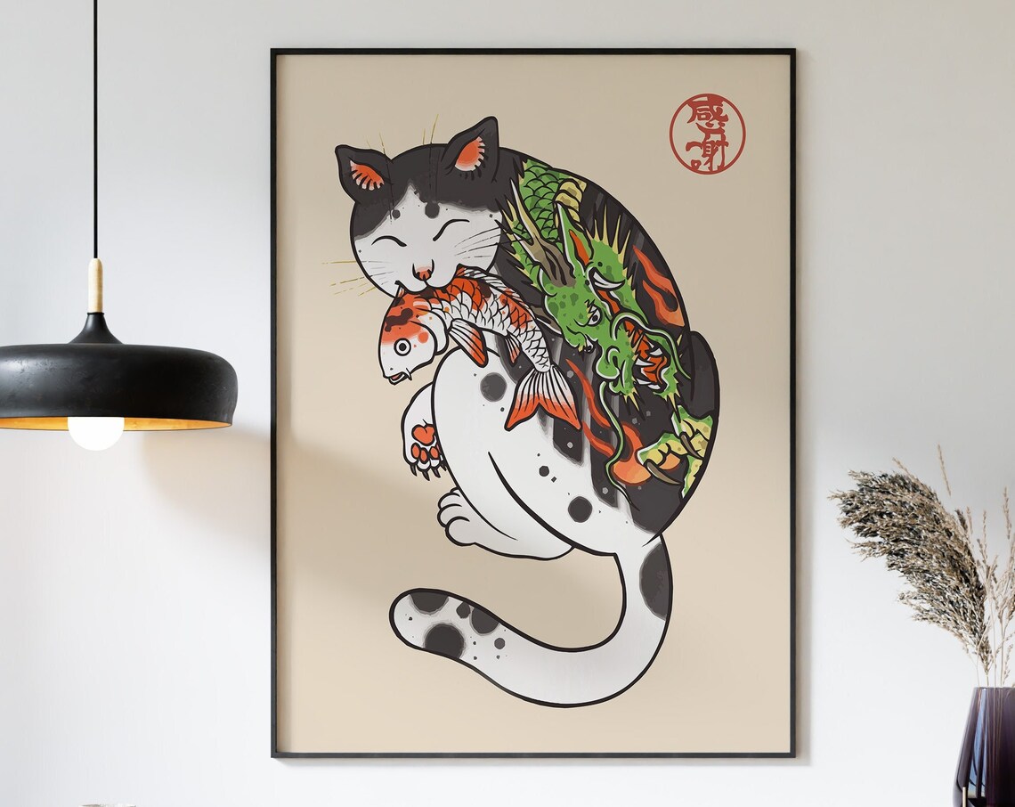 Japanese Cat Art Print, Oriental Animal Decor