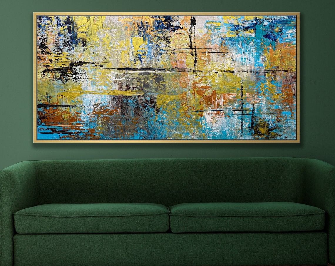 Yellow Blue Grid Urban Textured Abstract Painting Modern Wall Poster