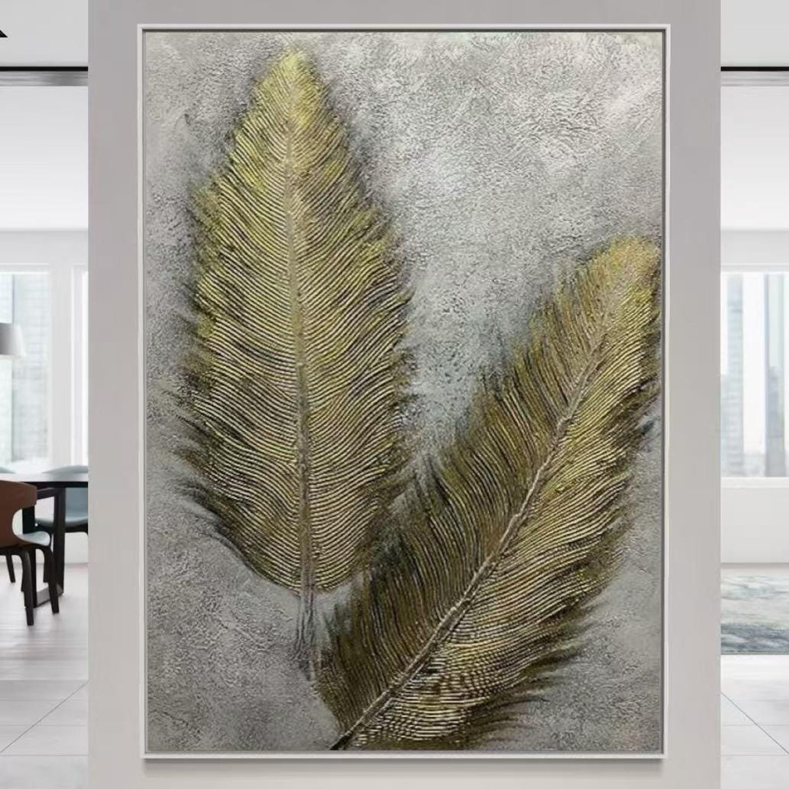 Golden Feather Pair on Textured Silver Gray Background Vertical Poster