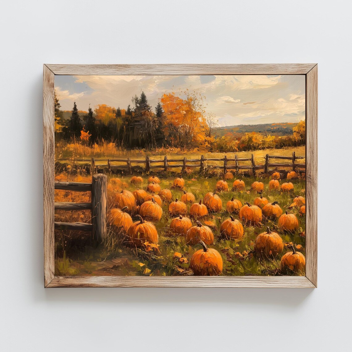Pumpkin Patch Field Fence Autumn Trees Vintage Fall Oil Painting Poster - Image 2