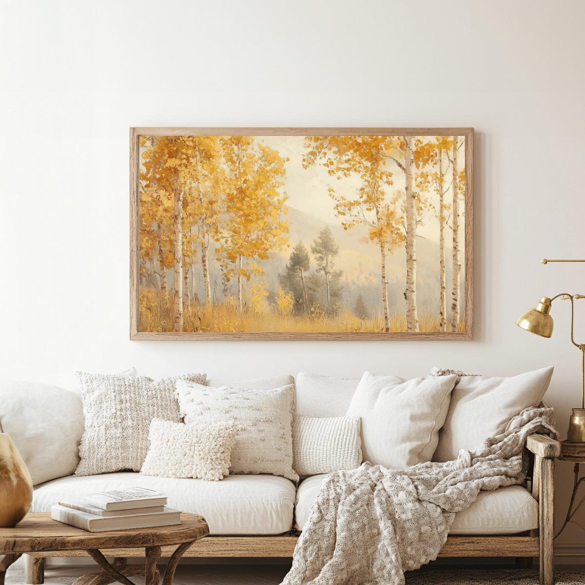 Golden Autumn Birch Trees Misty Mountain Vintage Landscape Poster - Image 3