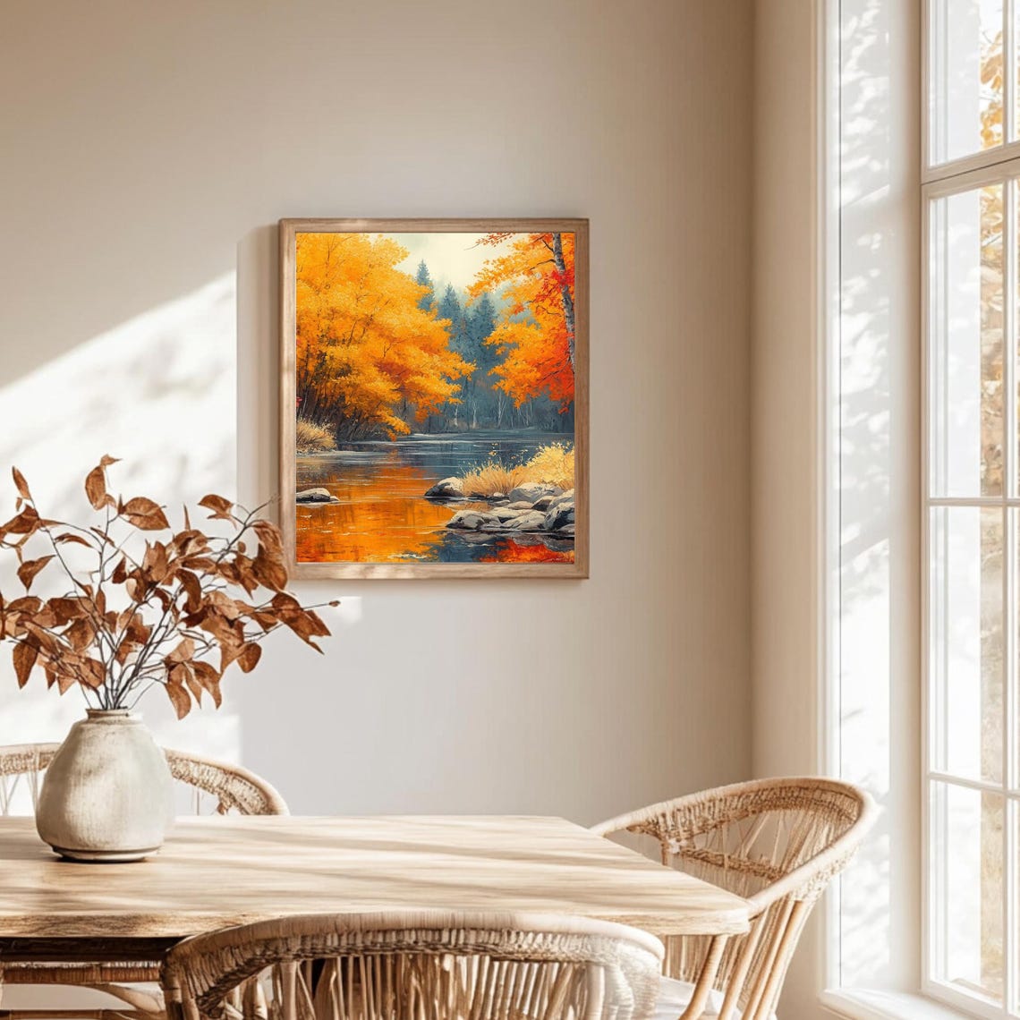 Golden Autumn Riverbank Orange Trees Rocks Calm River Painting Poster - Image 2