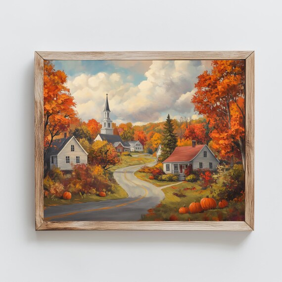 New England Village Fall Church Pumpkins Autumn Street Painting Poster