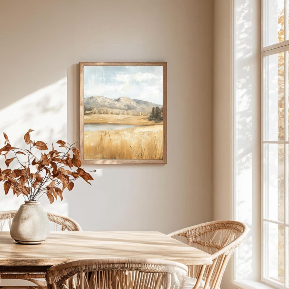 Neutral Mountain Meadow Lake Soft Beige Minimalist Landscape Poster - Image 2