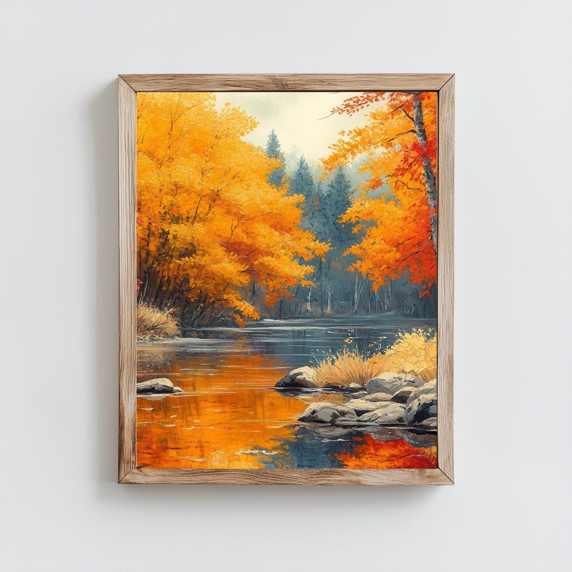 Golden Autumn Riverbank Orange Trees Rocks Calm River Painting Poster