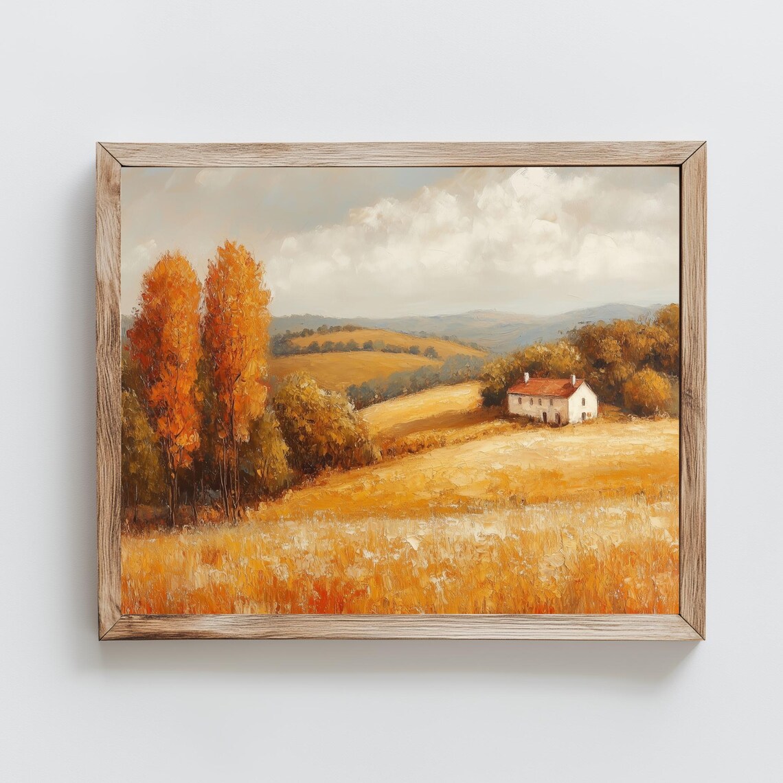 Golden Autumn Countryside Farmhouse Landscape Vintage Oil Painting Poster