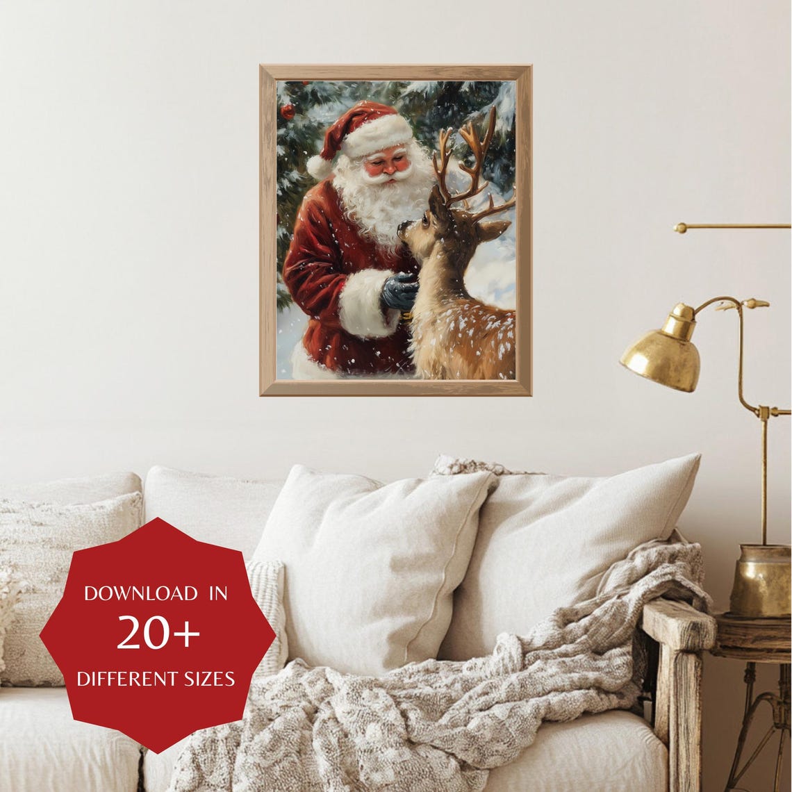 Vintage Santa Petting Reindeer Print Christmas Print Vintage Oil Painting Style Holiday Print Christmas Decoration - Image 3
