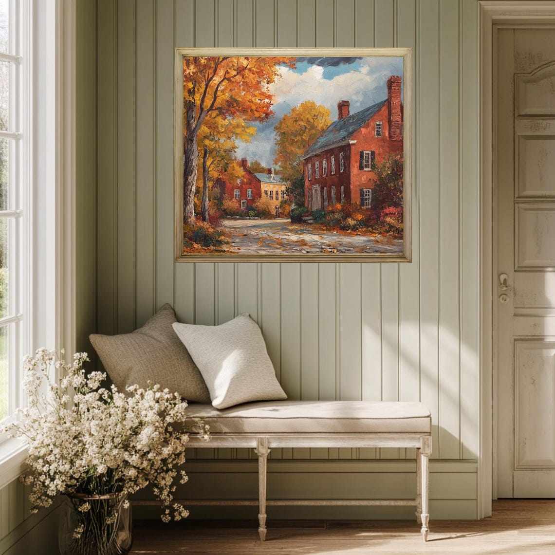 Autumn Colonial Brick Street Golden Maples Vintage Oil Painting Poster - Image 2