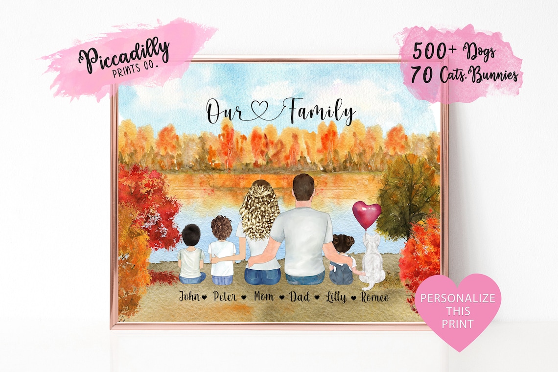 Custom Family Portrait With Dog Personalised Art Print