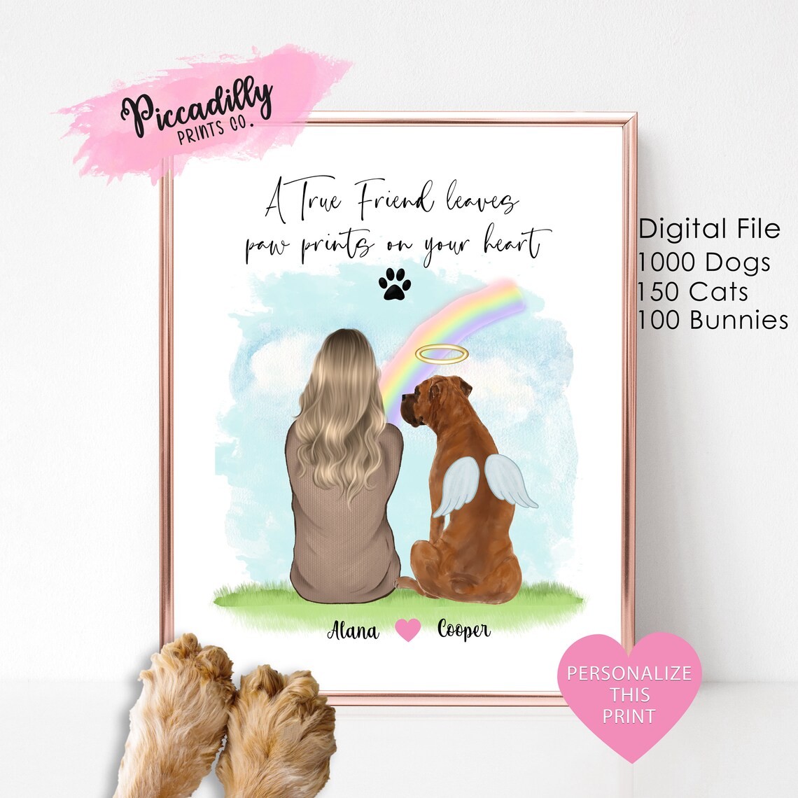 Personalized Dog Memorial Art True Friend Paw Prints Rainbow Poster