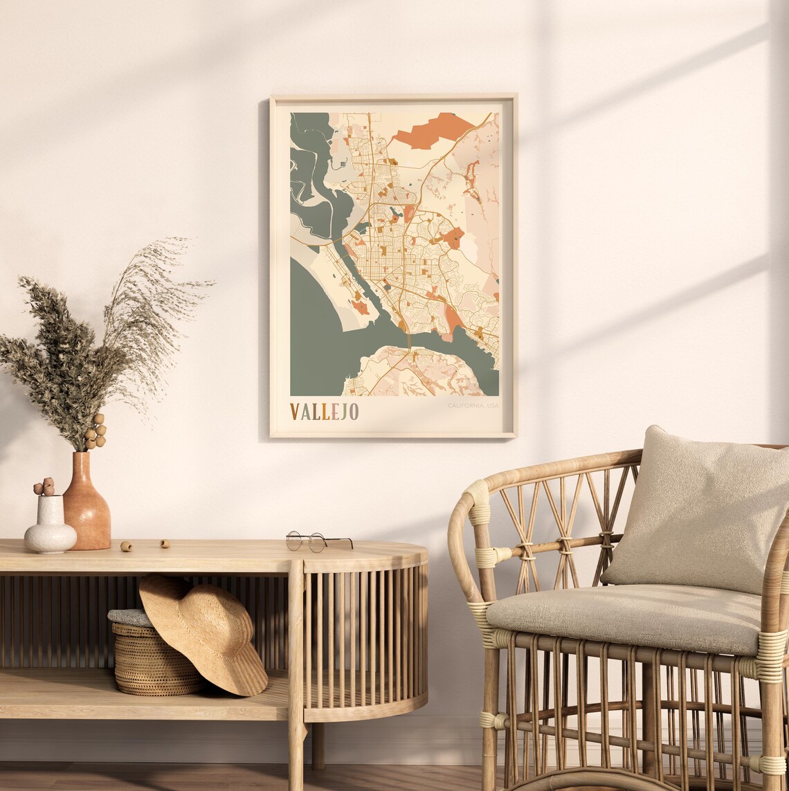 Vallejo California Warm Tones City Map Poster for Living Room Decor - Image 2