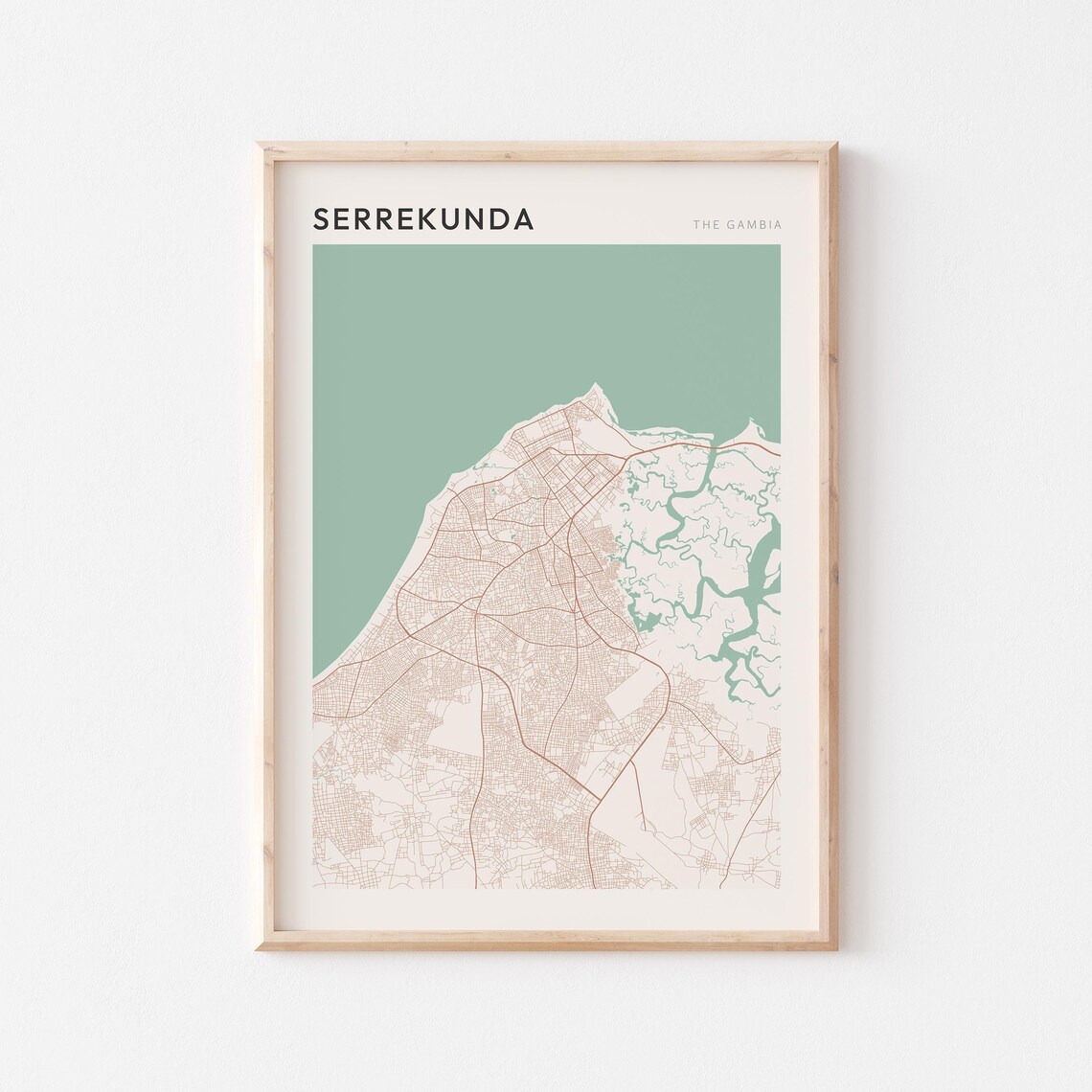 Serrekunda The Gambia Minimalist Street Map Poster Coastal Green Decor