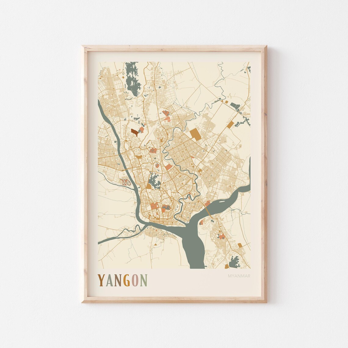 Yangon Map Poster Print Wall Art Myanmar Travel Gift Boho