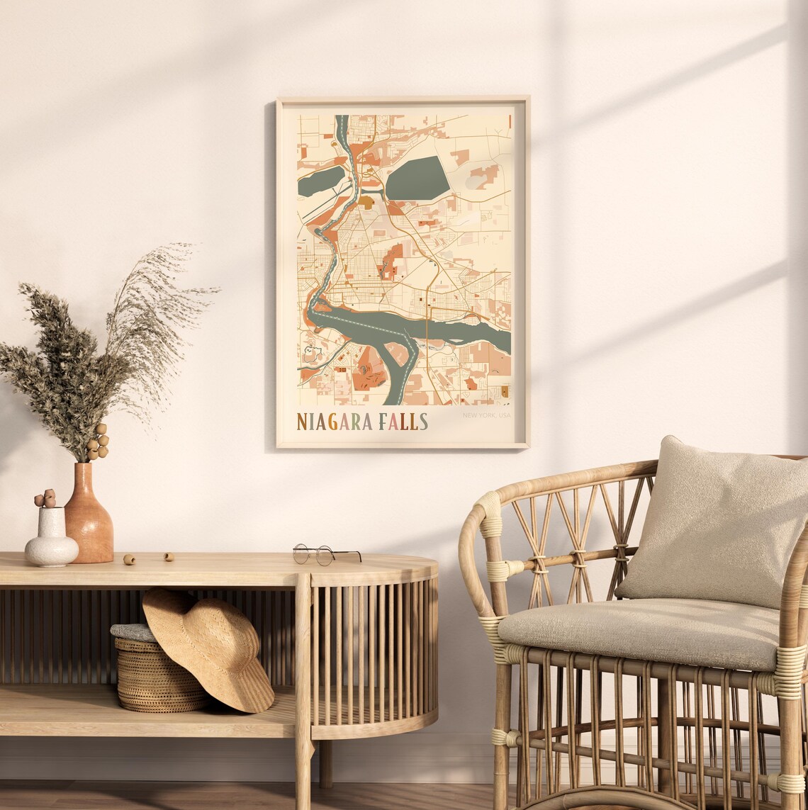 Niagara Falls New York USA Warm Vintage Beige City Street Map Art Poster - Image 2