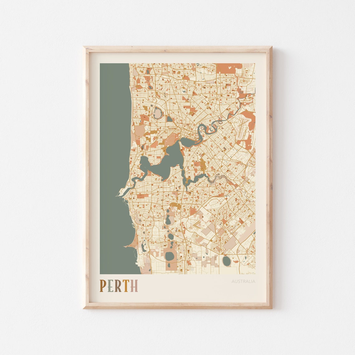 Perth Australia Retro City Map Poster with Swan River Coastline
