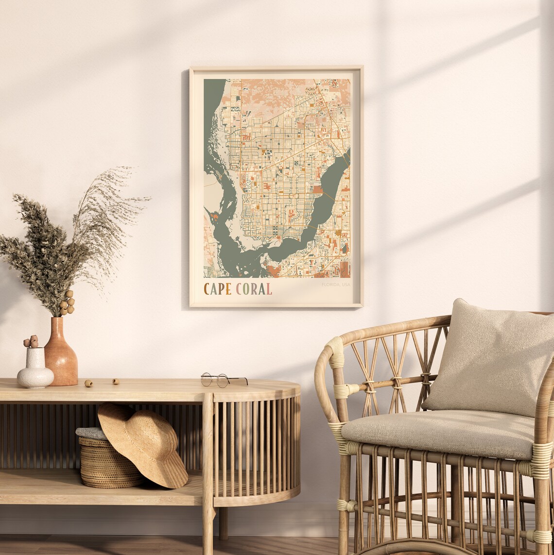 Cape Coral Florida Colorful Retro Warm Tone Coastal City Map Poster - Image 2