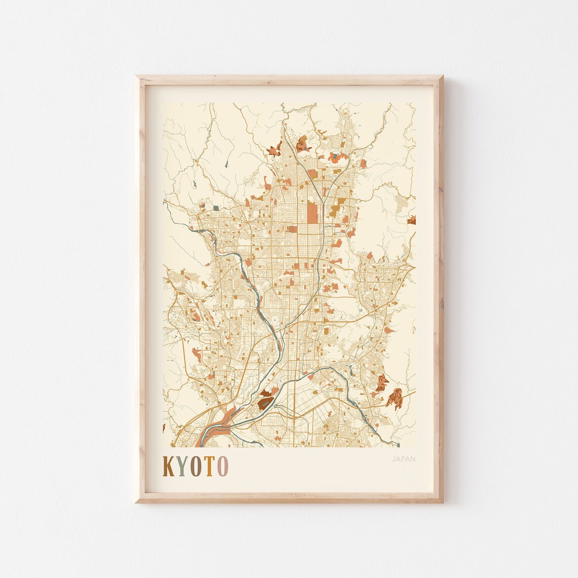 Kyoto Japan Minimalist Street Map Poster in Boho Neutral Tones