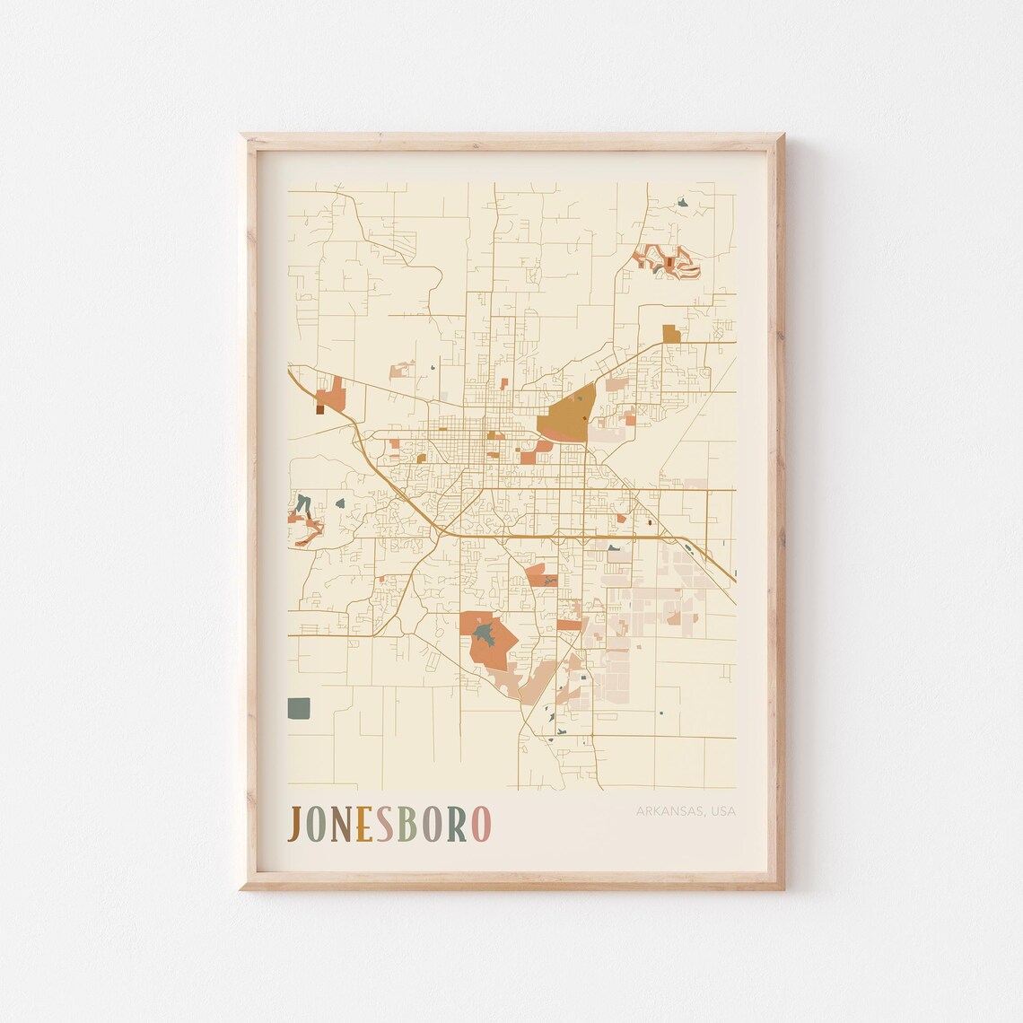 Jonesboro Arkansas Warm Earth Tone City Street Map Art Decor Poster